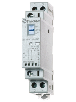 Finder - 22.32.0.012.4340 - Contactor 22 series 2 make contacts (NO) 12 VAC/DC 25 A 250 VAC 440 VAC 6250 VA, AC1, 22.32.0.012.4340, Finder