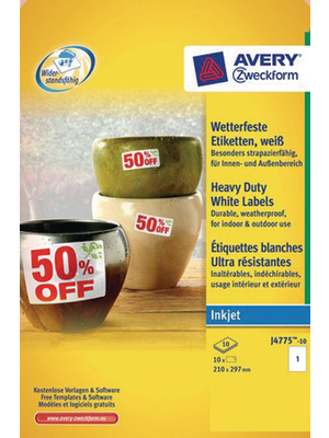 Avery Zweckform - J4775-10 - Weather-proof film labels 210 x 297 mm, J4775-10, Avery Zweckform