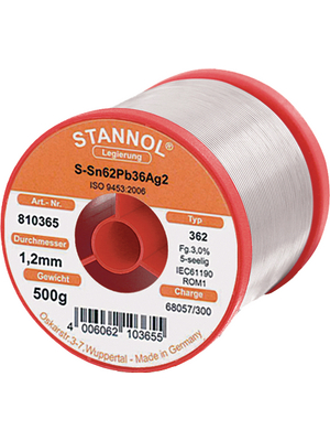 Stannol - 362, 810365 - Solder wire Sn62/Pb36/2Ag 500 g 1.20 mm, 362, 810365, Stannol